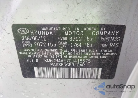 2012 Hyundai Elantra Gls (Ulsan Plant) z USA, uszkodzony, nr VIN KMHDH4AE7CU418575